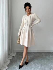 SHEIN Elenzya 秋冬韩版优雅拼色圆领长袖收腰短款泡泡袖连衣裙 - 杏色 - 查看 5