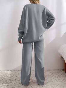 EURMUSE Drop Shoulder Cardigan & Tie Front Knit Pants Linen - Light Grey - View 2