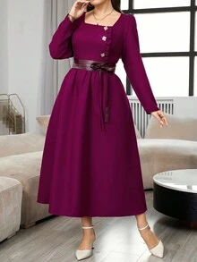 Modelyn Plus Size Elegant Commuter Dress With Crystal Decoration - Hot Pink - View 5