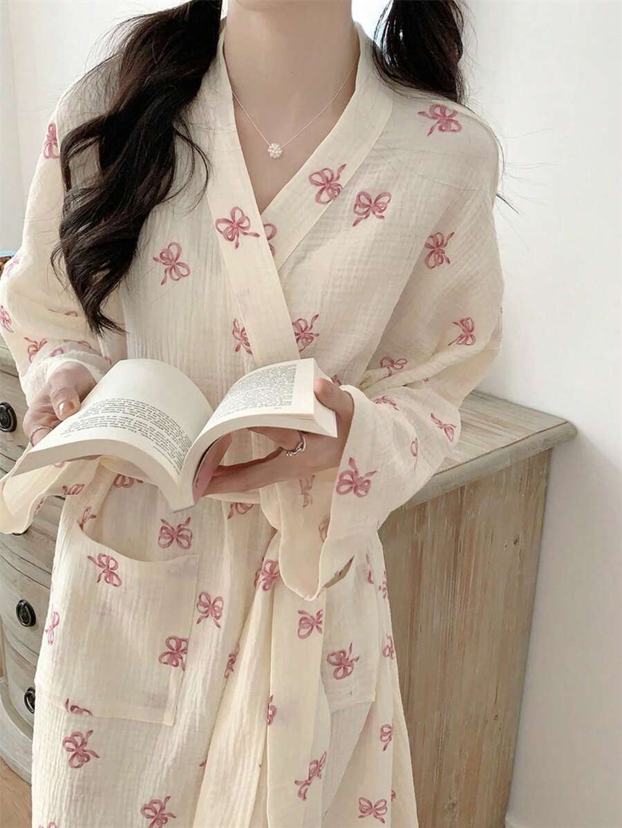 SHEIN 1件套浴袍浴袍晨袍女欧美简约长袖睡袍春秋新款甜美可爱小码大码浴袍全长粉色蝴蝶结长袖薄款纯色睡衣家居服 - 米色 - 查看 1