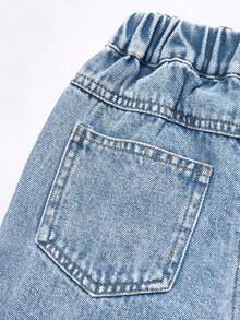 SHEIN 年轻女孩牛仔裤，中度水洗蓝色，街头风格休闲度假，Y2K 设计，不对称松紧腰身，基本款口袋，按扣装饰，水钻点缀，宽松直筒裤腿，柔软棉质牛仔布，无弹力，适合日常穿着、通勤、郊游、派对，秋冬新品