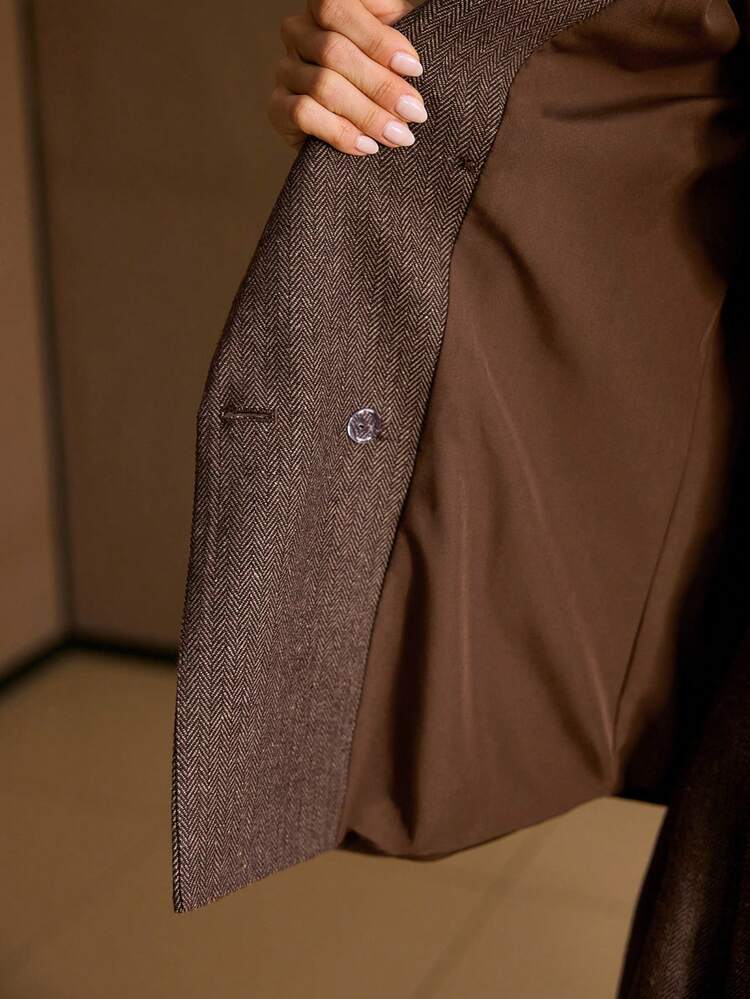 HERRINGBONE PATTERN LAPEL COLLAR DOUBLE BREASTED PLACKET BLAZER