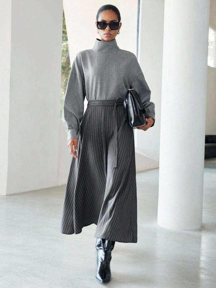 Lumivelle 女式金属扣条纹A字裙，学院风 - 灰色 - 查看 6