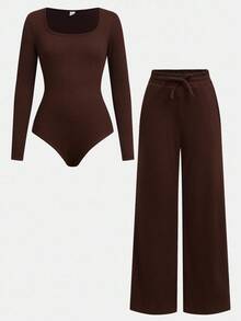 Girlism 2 件套 Tween 女童灰色罗纹针织长袖连体裤上衣和阔腿裤，舒适休闲装