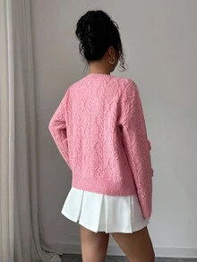 SHEIN Elenzya 女式纯色圆领长袖落肩前扣休闲针织开衫，带纹理饰边 - 粉色 - 查看 2