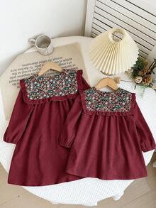 LMoss Kids 女婴梭织拼布花卉彼得潘领休闲连衣裙