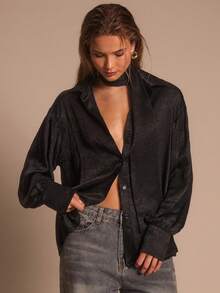 Glamine Elegant Reflective Satin Fabric Oversized Women Shirt.Women's Elegant Sexy Solid Color Plunging Neck Blouse, Summer,Fall Tops Black Blouse Black Top.Women Loose Solid Color Long Sleeve Tie Shirt Blouse,Long Sleeve Tops,Fall Clothes.Textured Satin Business Blouse For Women - Black - View 3