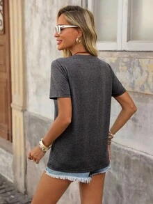 Brillora Áo thun nữ cotton dáng rộng, cổ tròn, tay ngắn, họa tiết đại bàng đơn giản, kiểu phương Tây, thích hợp mặc mùa hè. - Màu xám đen - Xem 6