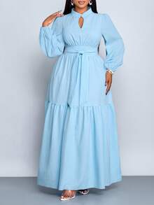SHEIN CURVE+ 大码纯色女装宽松休闲立领前长袖收腰系带连衣裙女优雅休闲时尚通勤连衣裙秋冬新款 - 淺藍色 - 查看 3
