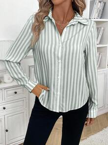 SHEIN Clasi Beige Striped Button-Up Shirt, Elegant Office Wear For Women - Green - View 4
