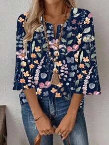 SHEIN LUNE Women's 3/4 Sleeve V-Neck Work Blouse, Fall/Winter - Navy Blue - View 7