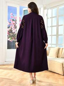 SHEIN Lacomfia 大码女式阿拉伯风格连衣裙，中式立领长袖刺绣镂空蕾丝拼接宽松舒适优雅休闲百搭 - 紫色 - 查看 2