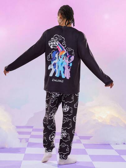 My Little Pony X SHEIN Men's Casual Cute Cartoon Unicorn & Letter Graphic Long Sleeve Top And Pants Loose Pajama Set, Spring/Autumn Y2k Long Sleeve Men Rave Outfits For Men