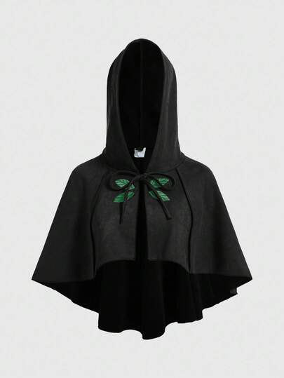 Giacca con cappuccio e mantella ricamata a foglie in stile Fairycore per taglie comode