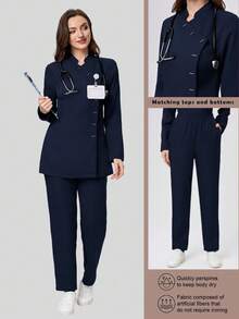 Scrubzie 2pcs Anti-Wrinkle Collared Long Sleeve Women's Scrub Uniform Top And Pants Set