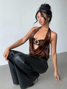 Aloruh New Sexy Semi-Sheer Plunging Neck Brown Tie-Dye Tie Dye Full Print Halter Backless Top With Modern Metal Decor, Suitable For Party, Date, Y2K