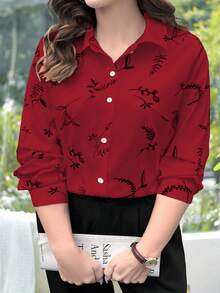 EMERY ROSE Plus Size Women Casual Beige Printed Long Sleeve Shirt Fall - Red - View 1
