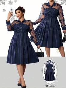 Ellevyn Rochie elegantă cu volane și broderie florală din plasă, model patchwork, cu nasturi și jumătate de pat, mărime plus - Albastru marin - Vizualizare 14