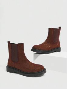 CUCCOO SZL Women's Round Toe Thick Sole Fashionable British Style Coffee Color Fully Rhinestoned Luxurious Personalized Chelsea Boots, Boots, Motorcycle Ankle Boots