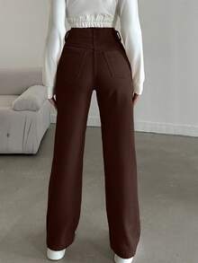 EURMUSE 100%Cotton HIGH RISE BEIGE WIDE LEG PETITE SIZE JEAN - Brown - View 2