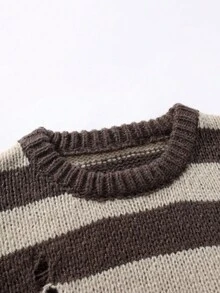 Manfinity Hypemode Men's Striped Pattern Distressed Fashionable Long Sleeve Pullover Sweater, For Fall Winter - Coffee Brown - View 4