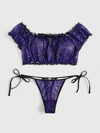 Goth Set di lingerie gotica e dark da Ognissanti, con stampa di pipistrelli e fantasmi, scollo a spalle scoperte, allacciatura e apertura cavallo