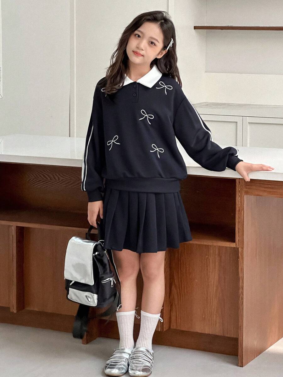 DAZY Tween Girl Casual Set: Striped Polo Neck Sweatshirt With Bow Detail And Pleated Mini Skirt, Autumn - Navy Blue - View 1