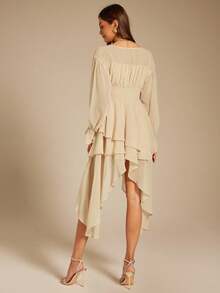 Enchnt 女式时尚优雅多层荷叶边V领褶裥中长连衣裙 - 杏色 - 查看 7