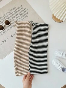 SHEIN Babygirl 可爱宽松针织条纹松紧腰裤 - 黑與白 - 查看 3