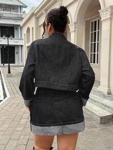 SHEIN ICON Áo khoác denim tay bo cổ cổ điển cỡ lớn, màu xám đậm - Màu xám đen - Xem 2