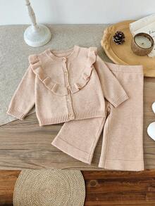SHEIN Ensemble cardigan et pantalon de couleur unie pour bébé fille - Kaki - Voir 9