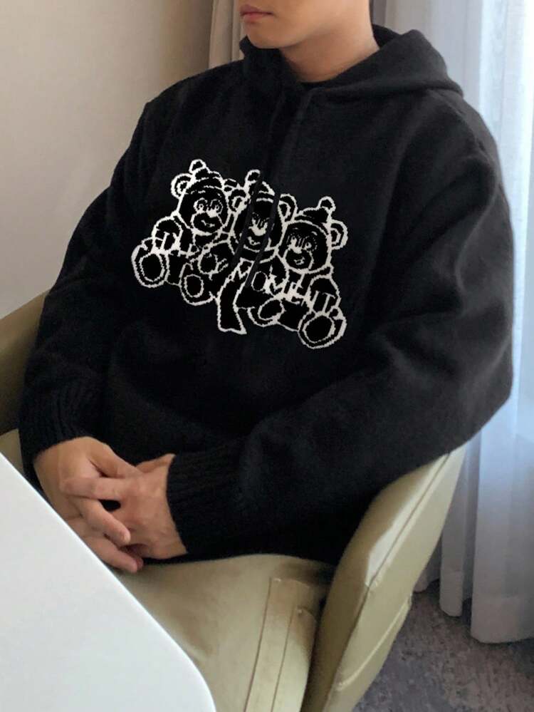 Men's Bear Pattern Jacquard Black Sweater, Autumn/Winter Hoodie