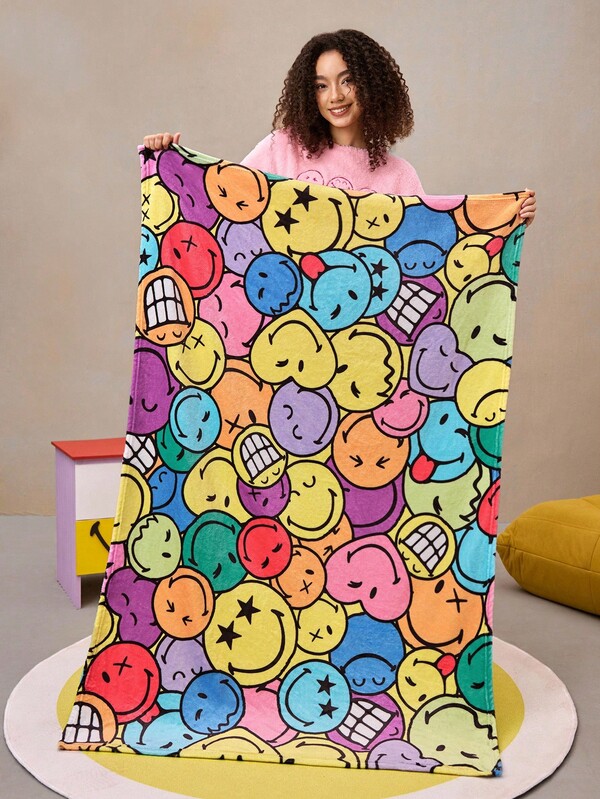 SmileyWorld® | SHEIN 1pc Rainbow Smiling Face Printed Flannel Thick Blanket, Soft & Warm, Anti-Shedding, Suitable For Sofa, Bed, Nap, Available In Various Sizes
