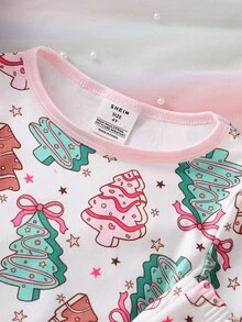 Genkimix Kids 2 件套女童圣诞树印花长袖舒适睡衣，简约时尚，粉色底色 - 粉色 - 查看 3