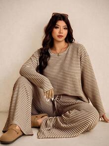 Elaquor Plus Size Casual Brown Commuter Striped Top And Pants 2 Pieces Set/ Comfortable Two Piece Set Spring - Coffee Brown - View 6