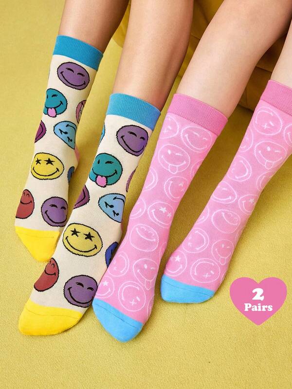 SmileyWorld® | SHEIN 2 Pairs Soft & Breathable Moisture-Wicking Casual Women Mid-Calf Socks Fashionable Cute Pink Colorful Crew Socks Reinforced Toe & Heel For Durability All Season All-Match Summer Winter
