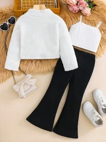 SHEIN 3pcs Set: Knitted Plaid Short Jacket, Solid Color Knitted Camisole, And Flared Pants - Multicolor - View 2