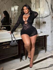 NU&NOW Bộ đồ liền thân màu đen gợi cảm hở lưng cổ chữ V sâu ren cỡ lớn dành cho nữ - màu đen - Xem 3