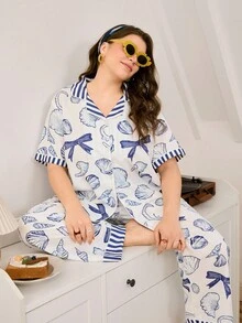 Chillnights 大码贝壳蝴蝶结撞色条纹领睡衣套装 - 藍白色 - 查看 4