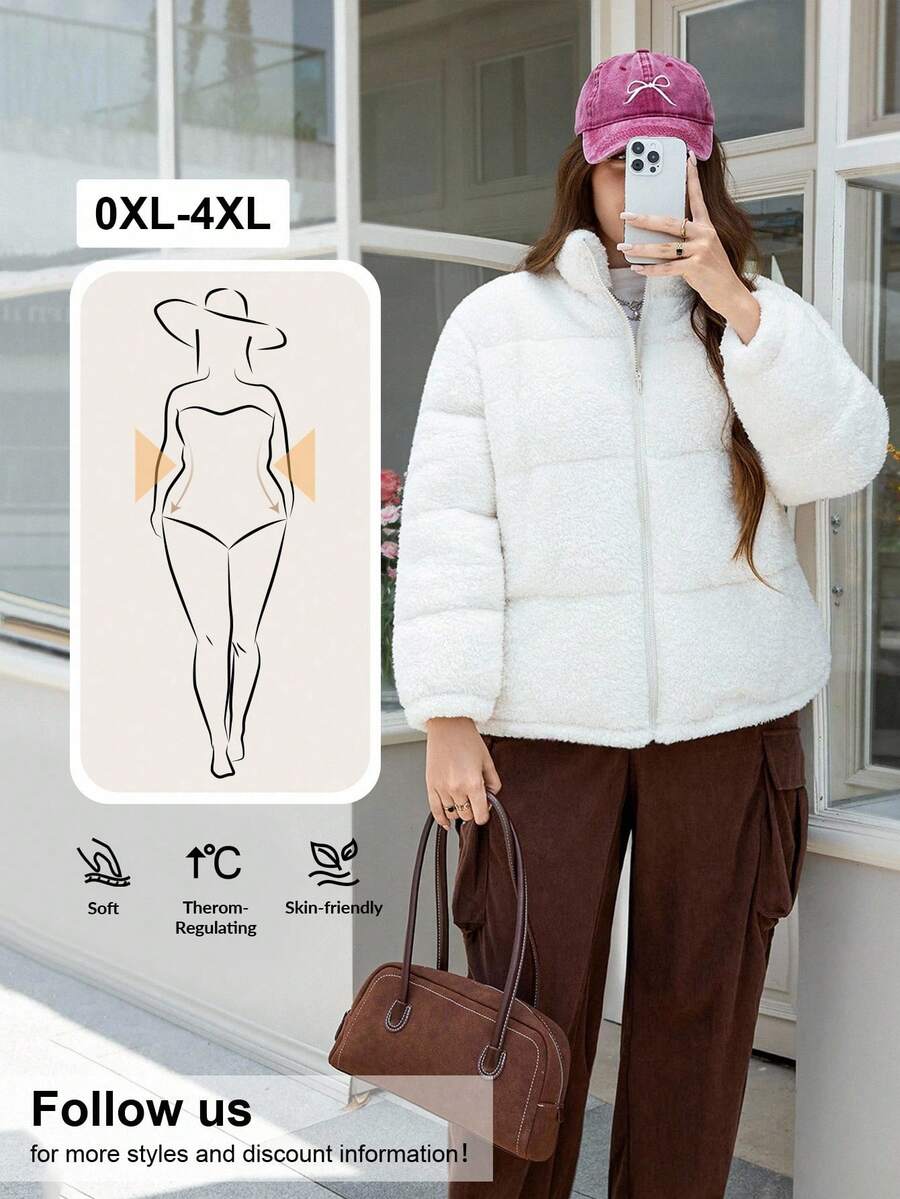 SHEIN LUNE 加大码女式米色珊瑚绒北极泡泡面料加厚保暖秋冬季外套立领毛绒让你温暖的冬季外套 - 米色 - 查看 1