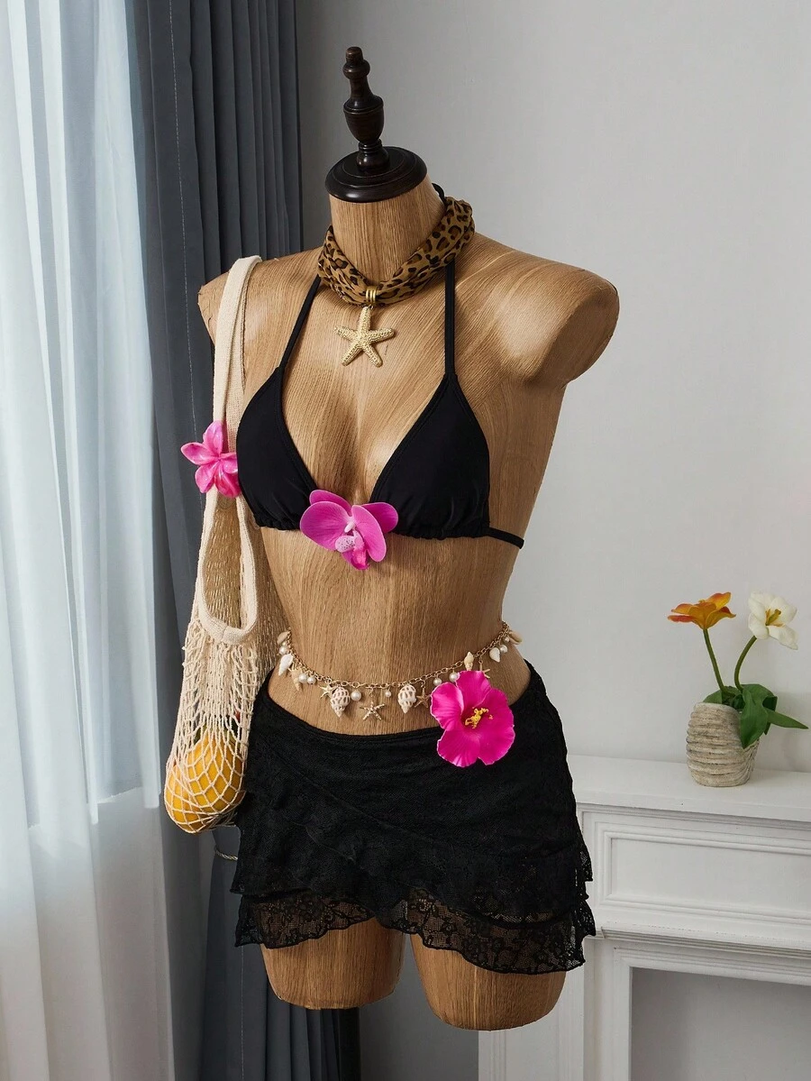 SHEIN Swim Vacation Beach Solid Color Bikini With Lace Cover-Up Sarong 2 Pieces Set For Summer - Black - View 1