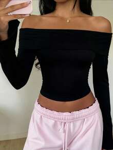 SHEIN EZwear Women's Casual Off Shoulder Long Sleeve Flare Sleeve Bodycon Top, Suitable For Autumn/Winter,Black Tops - Black - View 5