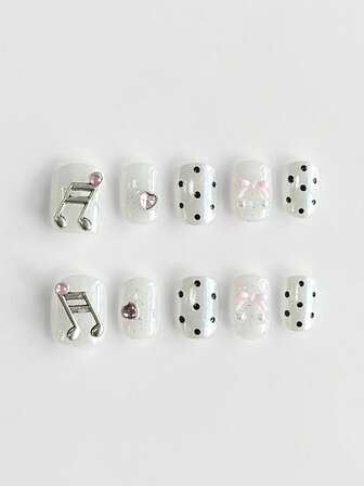 Kawaii 10pcs Y2Kins Cute Style Shiny Silver-Colored & Nude Double Plaid Jumpsuit Star & Bow Decorated Short Square Hand-Painted Nails + 3pcs Double-Sided Adhesive