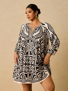 Travachic 大码女式黑米色印花连衣裙，七分袖印花连衣裙，秋季连衣裙，大码束腰上衣，大码度假装，大码波西米亚风连衣裙，刺绣连衣裙，大码舒适秋冬女装，优雅 - 黑色 - 查看 4