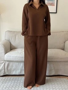 DAZY 女士极简针织上衣和裤子家居服套装，秋季睡衣，舒适秋冬装 - 棕色 - 查看 5