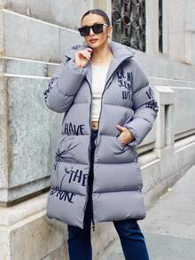 SHEIN Cottnline Women's Printed Plus Size Padded Coat, For Winter - Grey - View 6
