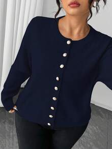 Elenzga Plus Size Casual Solid Color Gold Button Long Sleeve Cardigan