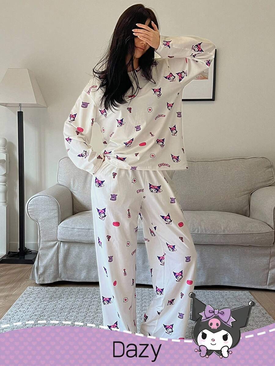 DAZY HELLO KITTY AND FRIENDS | SHEIN 卡通图案圆领长袖上衣和宽松长裤女士睡衣套装，秋冬服装 - 白色 - 查看 1