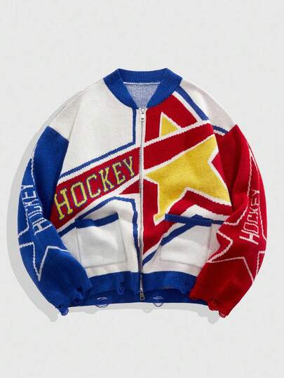 Street Life Chaqueta de punto jacquard con cremallera para hombre, estilo deportivo de carreras, moda callejera, otoño/invierno