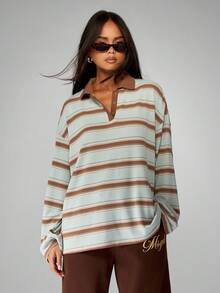 MISSGUIDED 复古橄榄球 Polo 风格长袖条纹上衣超大号休闲秋冬居家分层必备柔软针织基本款套头衫学院风周末必备单品 - 彩色 - 查看 5